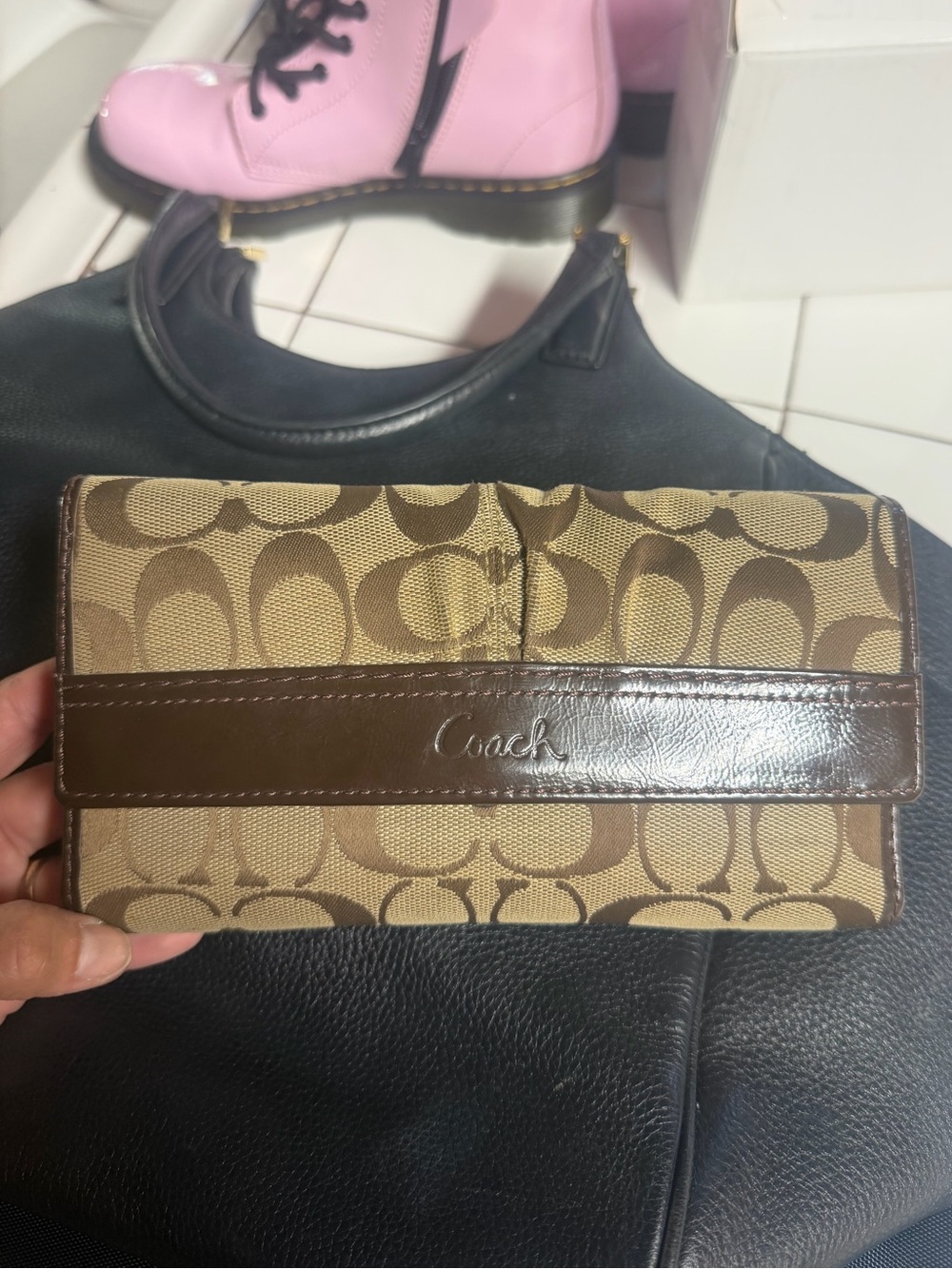 Vintay Coach Signature Canvas Continental Wallet in Brown and Tan